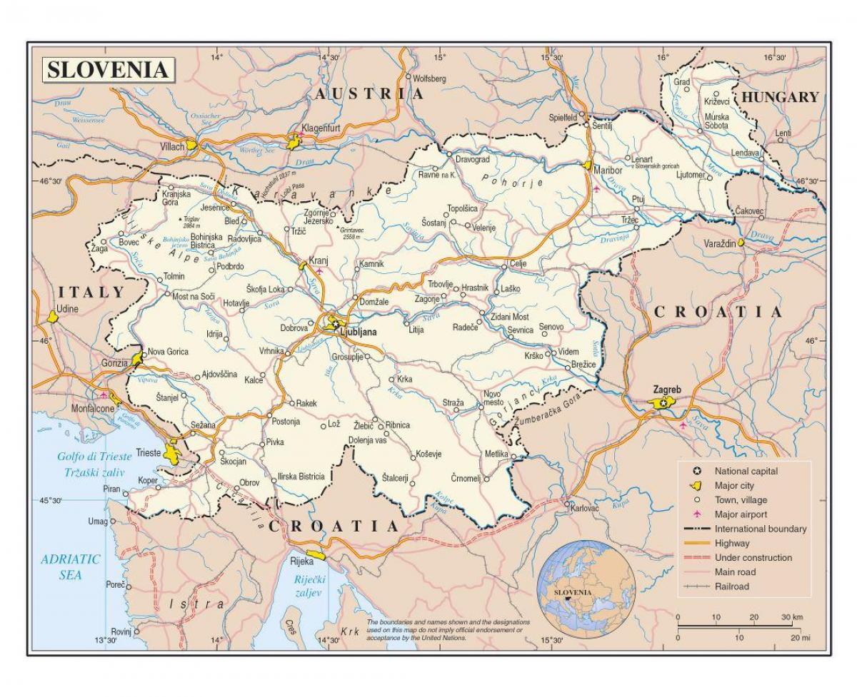 Karta Slovenije zračne luke