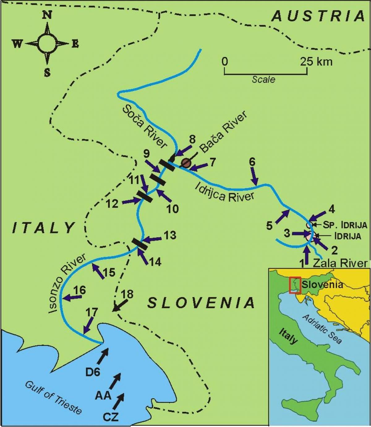 Rijeka soča Slovenija - karta rijeke soče u Sloveniji (Južna Europa ...